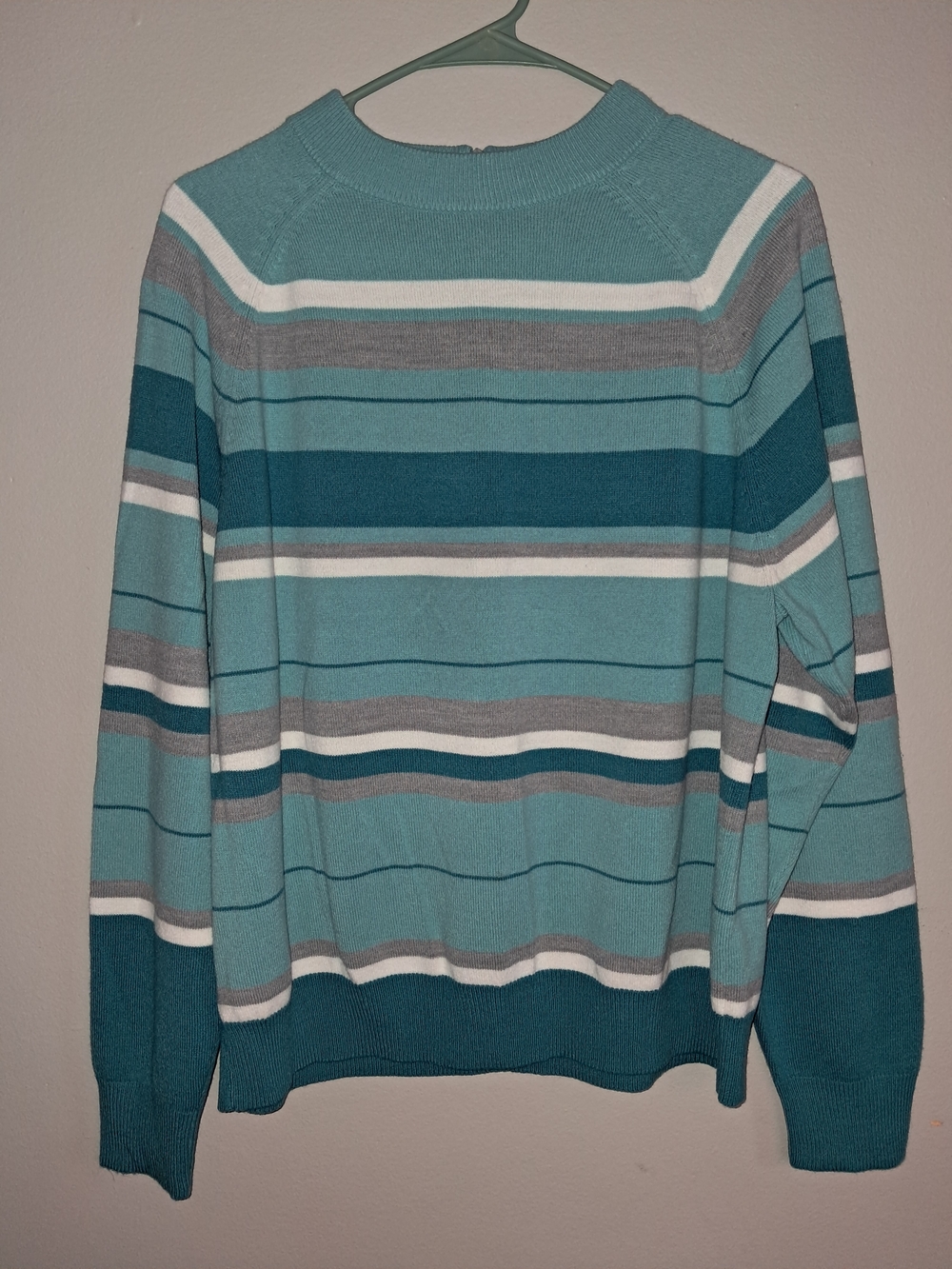 Leslie Fay Teal, Dark Teal, White & Gray Striped Crewneck Sweater